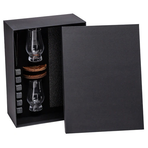 Gift Box with 2 Whisky Glasses, Wooden Coasters and Stone Ice Cubes