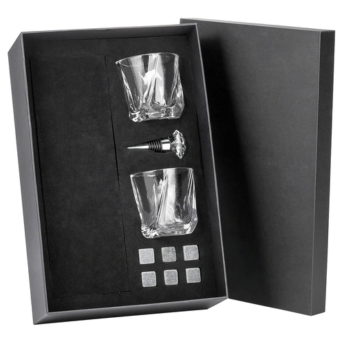 Whisky Gift Box with Whisky Tumblers, Ice Cubes and Bottle Stopper