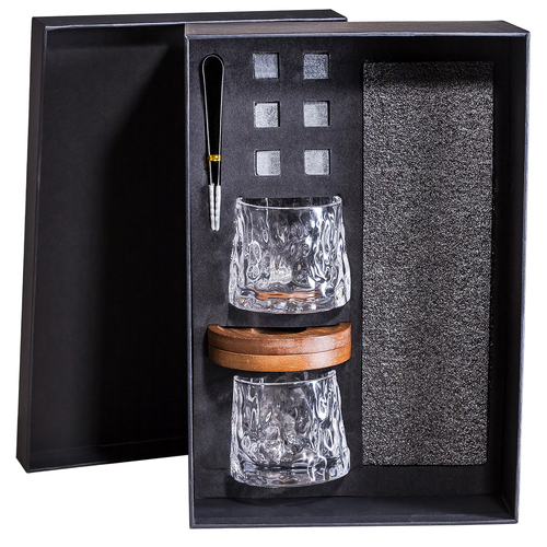 Whisky Gift Box with Spinning Whisky Tumblers, Wooden Coasters and Ice Cubes
