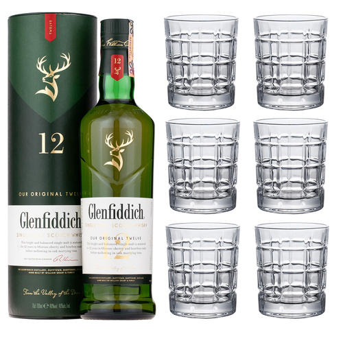 Glenfiddich 12 Year Old Single Malt with set of 6 Whisky Tumblers