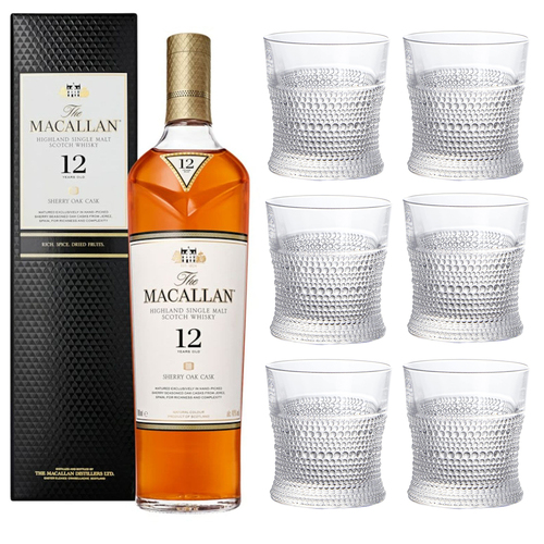 Macallan 12 Year Old Sherry Oak Single Malt with set of 6 Whisky Tumblers