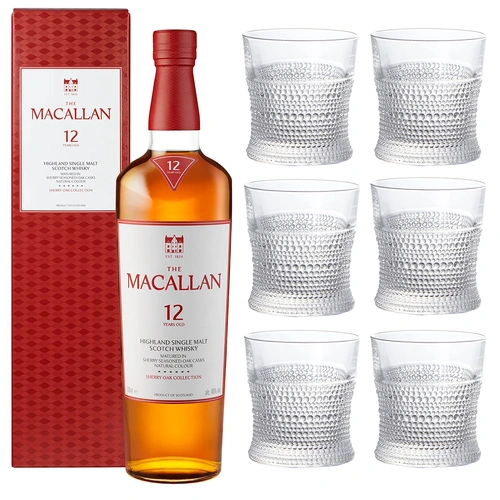 Macallan 12 Year Old Sherry Oak Single Malt with set of 6 Whisky Tumblers