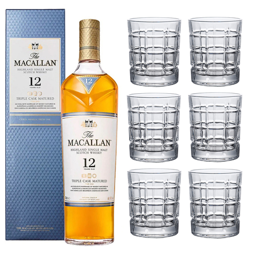 Macallan 12 Year Old Triple Cask Single Malt with set of 6 Whisky Tumblers