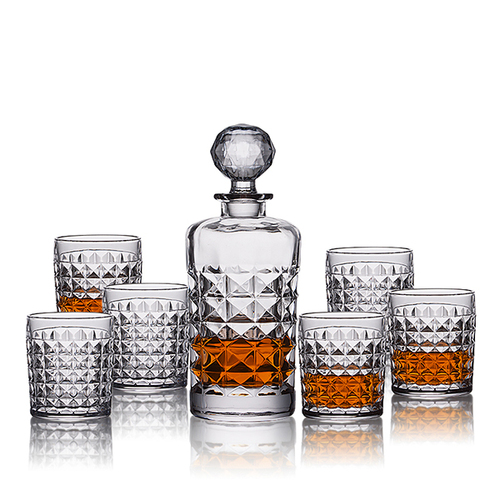 Whisky Decanter with 6 Tumblers Glass Bubble Set
